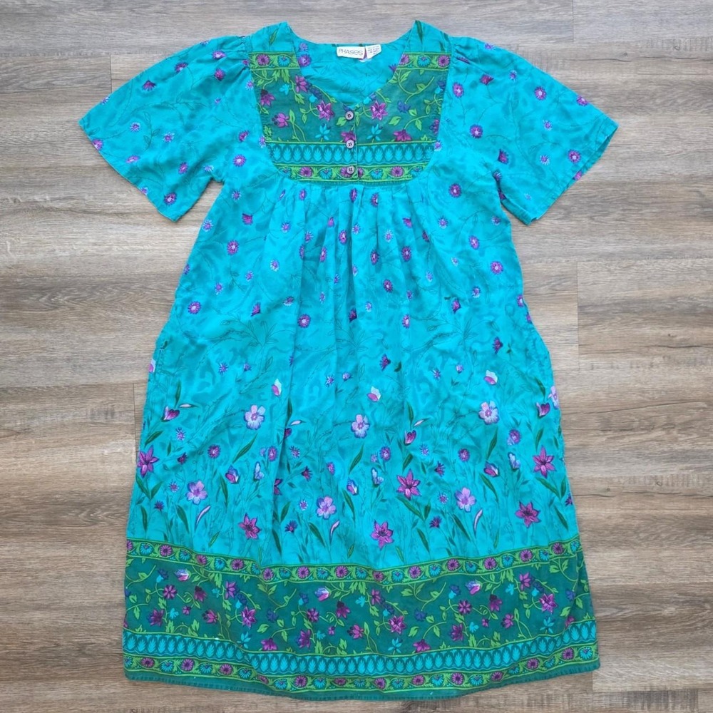 Vintage Phases Teal Floral Cotton Midi House Dress Womens Medium Turquoise 80s